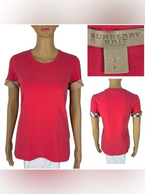 Burberry Womens Small Short Sleeve Top T Shirt Checked Sleeves Red Pink Cotton